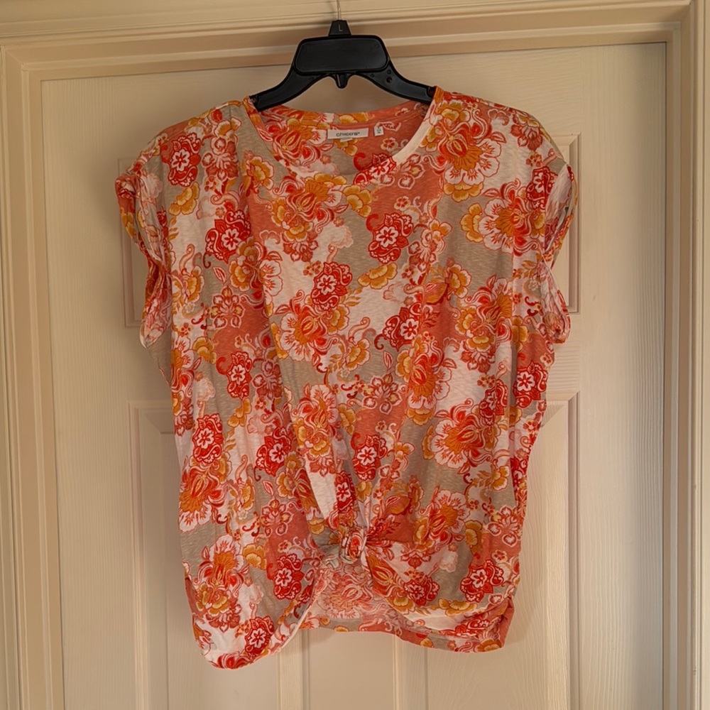 Chico's Orange, Coral & Yellow Floral Twist-Front Blouse